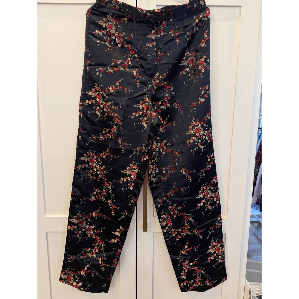 Elliott Lauren Navy Floral Satin Brocade Straight Leg Pants Trousers Womens